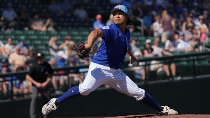 Feb 24, 2026; Mesa, Arizona, USA; Chicago Cubs pitcher Shota Imanaga (18) throws to the plate in the first inning against the San Diego Padres at Sloan Park. Mandatory Credit: Rick Scuteri-Imagn Images Feb 24, 2026; Mesa, Arizona, USA; Chicago Cubs pitcher Shota Imanaga (18) throws to the plate in the first inning against the San Diego Padres at Sloan Park. Mandatory Credit: Rick Scuteri-Imagn Images