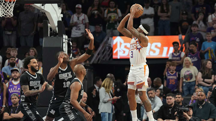 Apr 11, 2025; Phoenix, Arizona, USA; Phoenix Suns guard Bradley Beal (3) shoots against the San Antonio Spurs during the first half at Footprint Center. Mandatory Credit: Joe Camporeale-Imagn Images