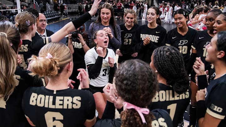 The Purdue Boilermakers celebrate Thursday, Oct. 16, 2025, after winning the Monon Spike Match