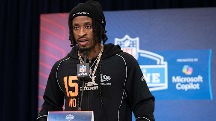 Feb 27, 2026; Indianapolis, IN, USA; Missouri wideout Kevin Coleman (WO15) speaks to members of the media during the NFL Combine at the Indiana Convention Center. 
