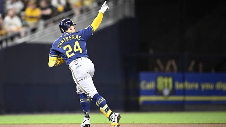 Oct 6, 2026; San Diego, California, USA;  Milwaukee Brewers catcher William Contreras (24) celebrates after hitting a solo home run during the fourth inning against the San Diego Padres in game three of the NLDS for the 2026 MLB Playoffs at Petco Park.  Mandatory Credit: Denis Poroy-Imagn Images