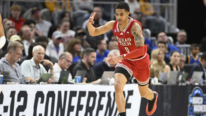 Mar 29, 2025; San Francisco, CA, USA; Texas Tech Red Raiders guard Chance McMillian (0) runs downcourt during the first half against the Florida Gators during the West Regional final of the 2025 NCAA tournament at Chase Center. Mandatory Credit: Eakin Howard-Imagn Images
