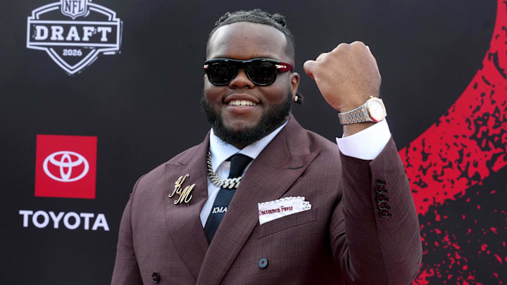 Apr 23, 2026; Pittsburgh, PA, USA; Ohio State Buckeyes defensive tackle Kayden McDonald poses on the red carpet before the 2026 NFL Draft at Point State Park. Mandatory Credit: Kirby Lee-Imagn Images