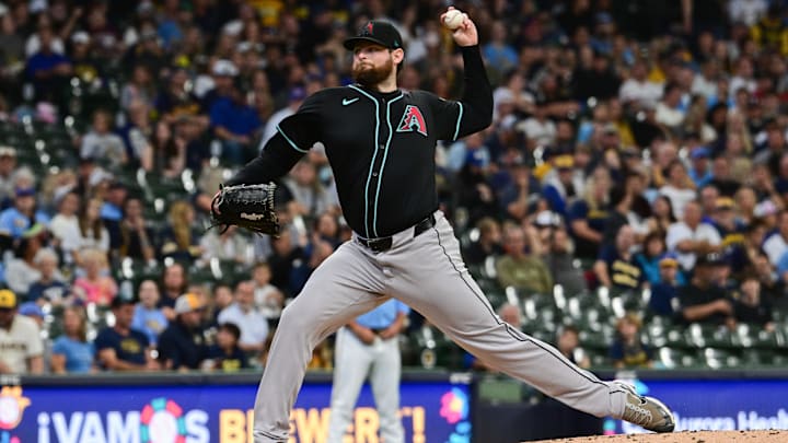 Sep 22, 2024; Milwaukee, Wisconsin, USA; Arizona Diamondbacks starting pitcher Jordan Montgomery (52) pitches in the first inning against the Milwaukee Brewers at American Family Field. 