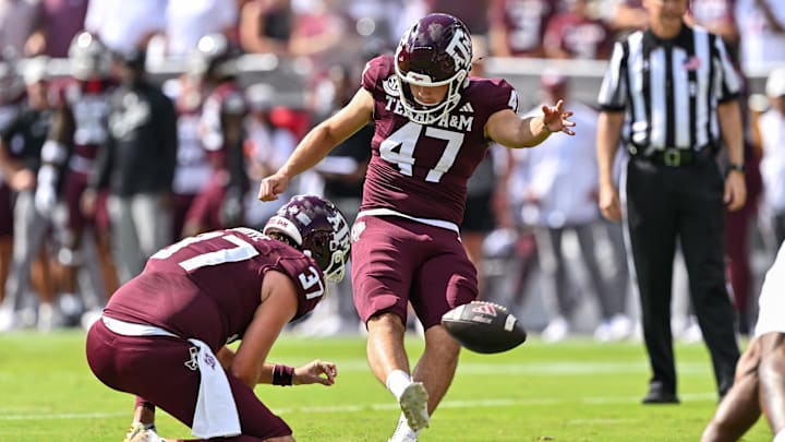 Oct 5, 2024; College Station, Texas, USA; Texas A&M Aggies place kicker Randy Bond (47) kicks the ball in the first quarter against the Missouri Tigers at Kyle Field. Mandatory Credit: Maria Lysaker-Imagn Images. Oct 5, 2024; College Station, Texas, USA; Texas A&M Aggies place kicker Randy Bond (47) kicks the ball in the first quarter against the Missouri Tigers at Kyle Field. Mandatory Credit: Maria Lysaker-Imagn Images.