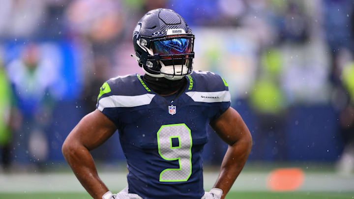 Dec 22, 2024; Seattle, Washington, USA; Seattle Seahawks running back Kenneth Walker III (9) during warmups before the game against the Minnesota Vikings at Lumen Field. Mandatory Credit: Steven Bisig-Imagn Images
