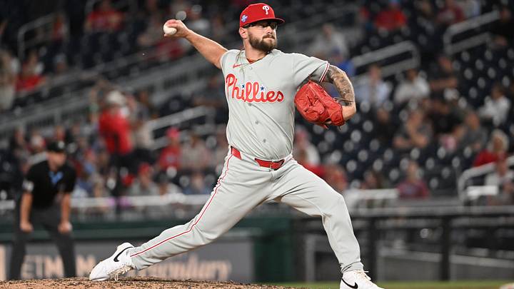 Jun 23, 2026; Washington, District of Columbia, USA; Philadelphia Phillies pitcher Chase Shugart (55) throws to the Washington Nationals during the ninth inning at Nationals Park.