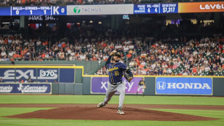 May 17, 2024; Houston, Texas, USA; Milwaukee Brewers starting pitcher Freddy Peralta (51) pitches against the Houston Astros in the inning at Minute Maid Park. May 17, 2024; Houston, Texas, USA; Milwaukee Brewers starting pitcher Freddy Peralta (51) pitches against the Houston Astros in the inning at Minute Maid Park.