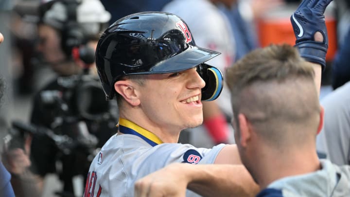 Jun 17, 2024; Toronto, Ontario, CAN; Boston Red Sox designated hitter Tyler O'Neill (17) celebrates in the dugout with teammates after hitting a solo home run against the Toronto Blue Jays in the third inning at Rogers Centre. Mandatory Credit: Dan Hamilton-USA TODAY Sports Jun 17, 2024; Toronto, Ontario, CAN; Boston Red Sox designated hitter Tyler O'Neill (17) celebrates in the dugout with teammates after hitting a solo home run against the Toronto Blue Jays in the third inning at Rogers Centre. Mandatory Credit: Dan Hamilton-USA TODAY Sports