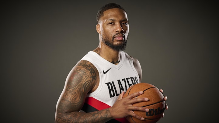 Sep 29, 2025; Portland, OR, USA; Portland Trail Blazers guard Damian Lillard (0) during media day at the Moda Center. Mandatory Credit: Troy Wayrynen-Imagn Images Sep 29, 2025; Portland, OR, USA; Portland Trail Blazers guard Damian Lillard (0) during media day at the Moda Center. Mandatory Credit: Troy Wayrynen-Imagn Images