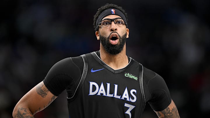 Dec 23, 2025; Dallas, Texas, USA; Dallas Mavericks forward Anthony Davis (3) looks on during the second half against the Denver Nuggets at the American Airlines Center. Mandatory Credit: Jerome Miron-Imagn Images