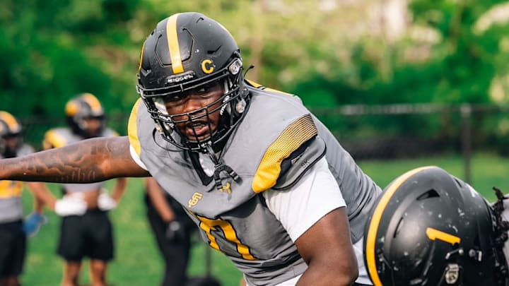 St. Frances Academy (Baltimore, Maryland) 3-star offensive lineman Edward Baker lines up at right tackle during spring practice.
