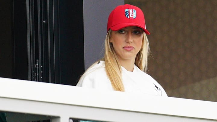 Brittany Mahomes in attendance before a NWSL playoff match between the Kansas City Current and the North Carolina Courage at CPKC Stadium. 