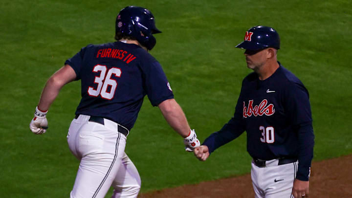 Ole Miss' Will Furniss rounds third after hitting a home run against Jacksonville State on March 7, 2025 at Swayze Field in Oxford, Miss.