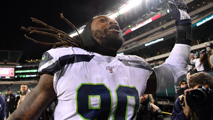 Jan 5, 2020; Philadelphia, Pennsylvania, USA; Seattle Seahawks defensive end Jadeveon Clowney (90) reacts after defeating the Philadelphia Eagles in a NFC Wild Card playoff football game at Lincoln Financial Field. 