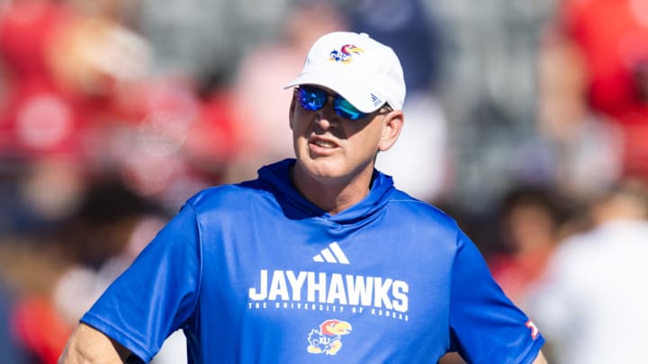 Nov 8, 2025; Tucson, Arizona, USA; Kansas Jayhawks head coach Lance Leipold against the Arizona Wildcats at Arizona Stadium. Mandatory Credit: Mark J. Rebilas-Imagn Images