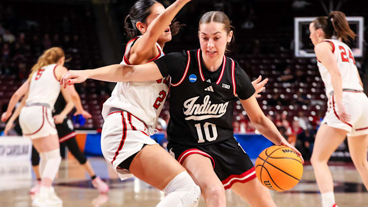 Indiana Hoosiers guard Shay Ciezki (10) drives around Utah Utes guard Ines Vieira (2) in the first half at Colonial Life Arena.