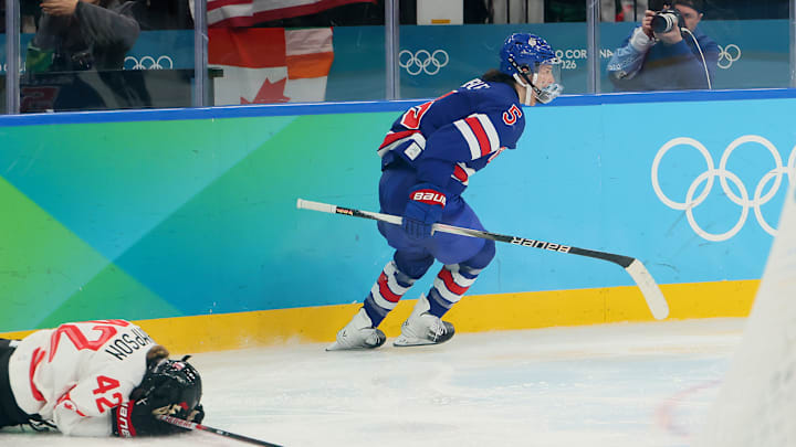 Megan Keller celebrates after overtime goal to win gold medal at 2026 Olympic Games.