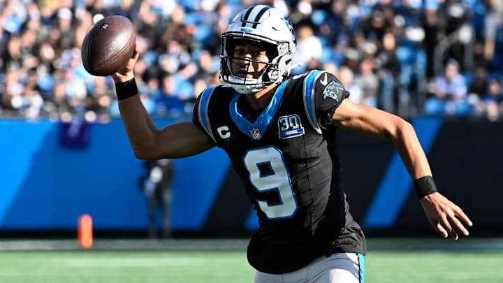 Nov 3, 2024; Charlotte, North Carolina, USA; Carolina Panthers quarterback Bryce Young (9) with the ball in the third qarter at Bank of America Stadium. Nov 3, 2024; Charlotte, North Carolina, USA; Carolina Panthers quarterback Bryce Young (9) with the ball in the third qarter at Bank of America Stadium.