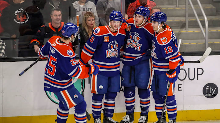 Bakersfield players celebrate a goal by forward Lane Pederson (29) during the first period of their