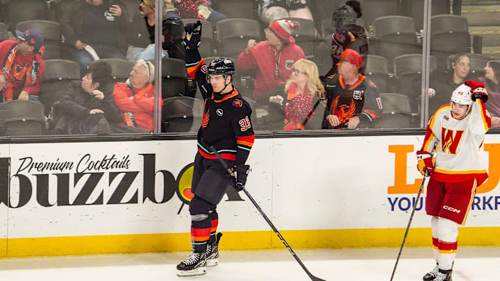 Coachella Valley forward Jani Nyman celebrates an impending power play during the first overtime of Game 1 of their first-round playoff series at Acrisure Arena in Palm Desert, Calif., Tuesday, April 22, 2025.