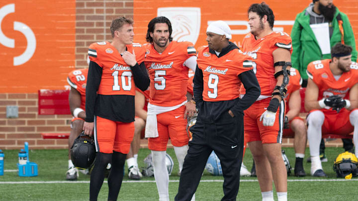 Former Oregon QB Bo Nix (10), Notre Dame QB SamHartman, and Washington QB Michael Penix Jr.(9) chat Former Oregon QB Bo Nix (10), Notre Dame QB SamHartman, and Washington QB Michael Penix Jr.(9) chat