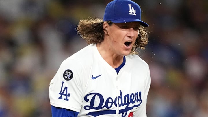 Sep 8, 2025; Los Angeles, California, USA; Los Angeles Dodgers starting pitcher Tyler Glasnow (31) reacts at the end of the seventh inning against the Colorado Rockies at Dodger Stadium. Mandatory Credit: Kirby Lee-Imagn Images
