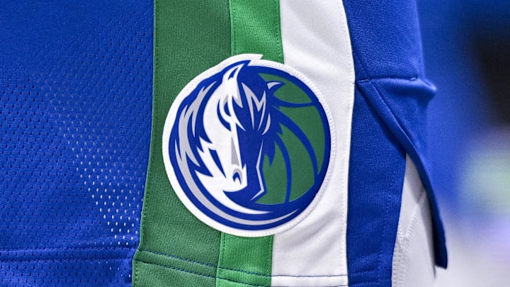 Nov 12, 2022; Dallas, Texas, USA; A view of the Dallas Mavericks logo during the game between the Dallas Mavericks and the Portland Trail Blazers at the American Airlines Center. Mandatory Credit: Jerome Miron-Imagn Images