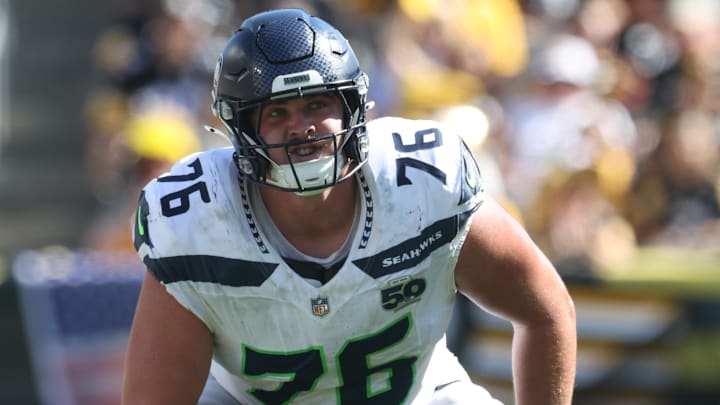 Sep 14, 2025; Pittsburgh, Pennsylvania, USA;  Seattle Seahawks guard Grey Zabel (76) at the line of scrimmage against the Pittsburgh Steelers during the fourth quarter at Acrisure Stadium. Mandatory Credit: Charles LeClaire-Imagn Images