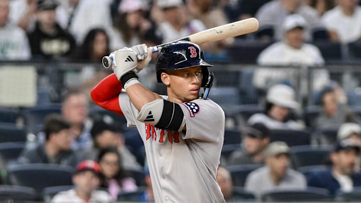 Jun 8, 2025; Bronx, New York, USA; Boston Red Sox second baseman Kristian Campbell (28) at bat during a game against the New York Yankees at Yankee Stadium. Mandatory Credit: John Jones-Imagn Images