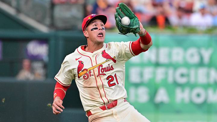 Sep 6, 2025; St. Louis, Missouri, USA; St. Louis Cardinals outfielder Lars Nootbaar (21) makes the catch on a fly ball to left field by San Francisco Giants catcher Patrick Bailey (14) in the second inning at Busch Stadium. Mandatory Credit: Tim Vizer-Imagn Images