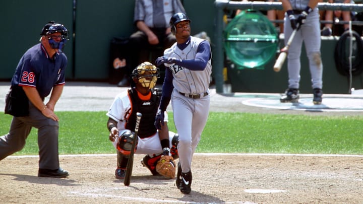 Jul 26, 1998; Baltimore, MD, USA; FILE PHOTO; Seattle Mariners outfielder Ken Griffey Jr. in action against the Baltimore Orioles at Camden Yards. Mandatory Credit: Photo By Imagn Images (c) Copyright Imagn Images