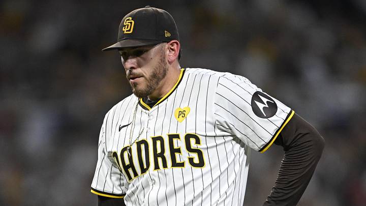 Oct 2, 2024; San Diego, California, USA; San Diego Padres pitcher Joe Musgrove (44) leaves the game during the fourth inning of game two in the Wildcard round for the 2024 MLB Playoffs against the Atlanta Braves at Petco Park. Mandatory Credit: Denis Poroy-Imagn Images