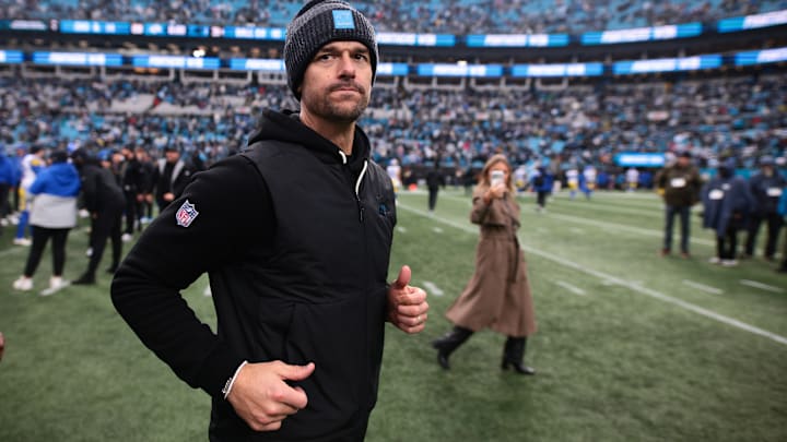 Nov 30, 2025; Charlotte, North Carolina, USA; Carolina Panthers head coach Dave Canales looks on after the game against the Los Angeles Rams at Bank of America Stadium. Nov 30, 2025; Charlotte, North Carolina, USA; Carolina Panthers head coach Dave Canales looks on after the game against the Los Angeles Rams at Bank of America Stadium.