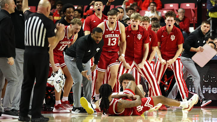Jan 7, 2026; College Park, Maryland, USA; Indiana Hoosiers guard Lamar Wilkerson (3) celebrates with his teammates after hitting a shot during the second half against the Maryland Terrapins at Xfinity Center.