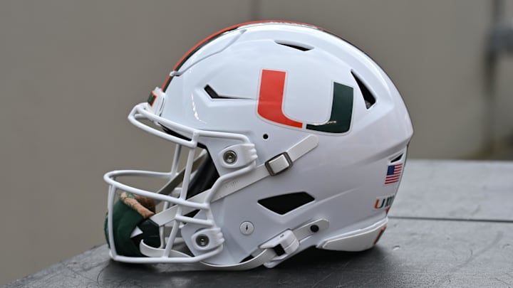 Nov 22, 2025; Blacksburg, Virginia, USA; A Miami (FL) Hurricanes helmet before the game at Lane Stadium. Mandatory Credit: Brian Bishop-Imagn Images