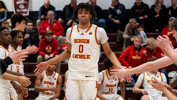 Bergen Catholic #0 Julius Avent make his entrance. Ridgewood boys basketball hosts Bergen Catholic in a game on Tuesday, Jan. 28, 2025.