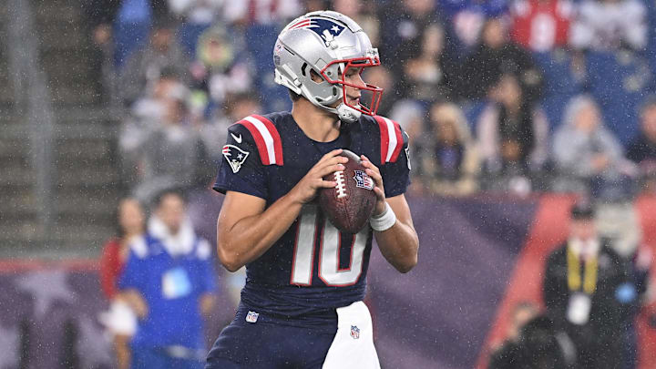 August 8, 2024; Foxborough, MA, USA;  New England Patriots quarterback Drake Maye (10) throws a pass against the Carolina Panthers  during the first half at Gillette Stadium.