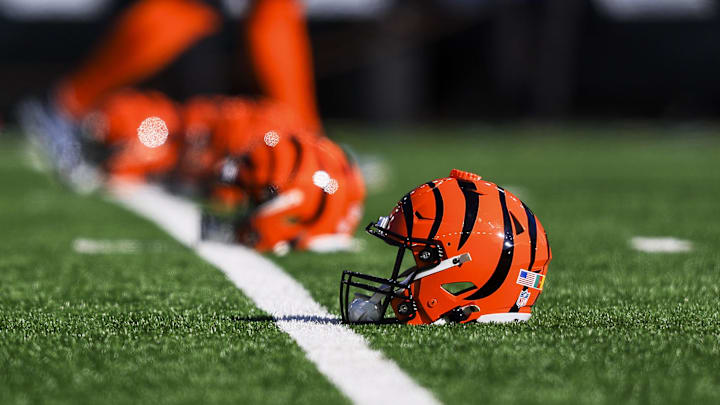 Dec 1, 2024; Cincinnati, Ohio, USA; A general view of a Cincinnati Bengals helmet during warmups before the game against the Pittsburgh Steelers at Paycor Stadium. Mandatory Credit: Katie Stratman-Imagn Images Dec 1, 2024; Cincinnati, Ohio, USA; A general view of a Cincinnati Bengals helmet during warmups before the game against the Pittsburgh Steelers at Paycor Stadium. Mandatory Credit: Katie Stratman-Imagn Images