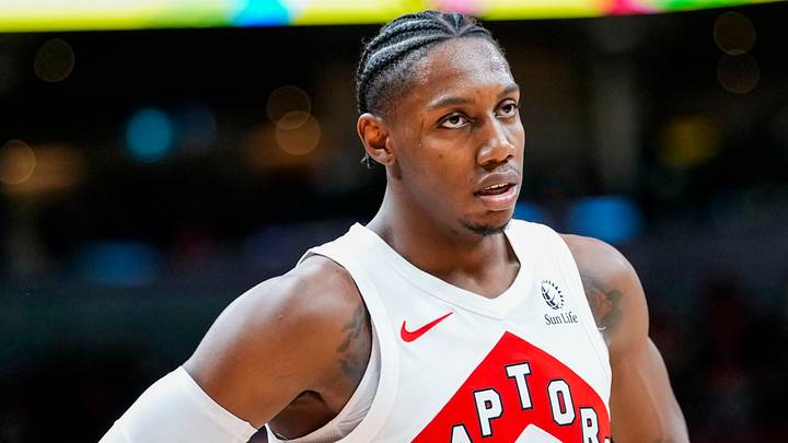 Oct 17, 2025; Toronto, Ontario, CAN; Toronto Raptors forward/guard RJ Barrett (9) looks on against the Brooklyn Nets during the second half at Scotiabank Arena. Mandatory Credit: Kevin Sousa-Imagn Images