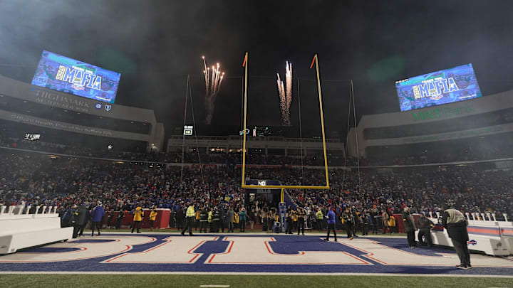 The Buffalo Bills set off fireworks after the Bills last home game at Highmark Stadium in Orchard Park on Jan. 4, 2026. Fans stayed to watch it. On the jumbotrons a message thanked Bills Mafia.