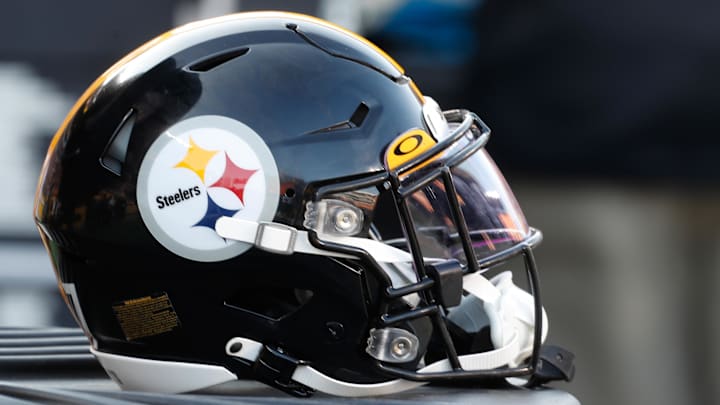Aug 19, 2023; Pittsburgh, Pennsylvania, USA;  A Pittsburgh Steelers helmet sits on the sidelines against the Buffalo Bills at Acrisure Stadium. Mandatory Credit: Charles LeClaire-Imagn Images