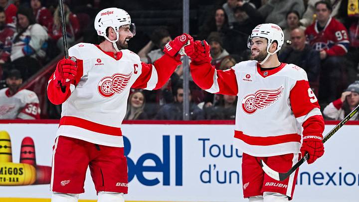 Jan 10, 2026; Montreal, Quebec, CAN; Detroit Red Wings center Dylan Larkin (71) celebrates with right wing Alex DeBrincat (93) his goal against the Montreal Canadiens during the second period at Bell Centre. Mandatory Credit: David Kirouac-Imagn Images Jan 10, 2026; Montreal, Quebec, CAN; Detroit Red Wings center Dylan Larkin (71) celebrates with right wing Alex DeBrincat (93) his goal against the Montreal Canadiens during the second period at Bell Centre. Mandatory Credit: David Kirouac-Imagn Images