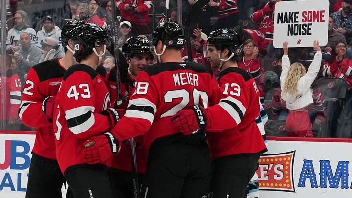 Oct 6, 2026; Newark, New Jersey, USA; New Jersey Devils right wing Luke Evangelista (77) celebrates his goal against the Utah Mammoth during the second period at Prudential Center. Mandatory Credit: Ed Mulholland-Imagn Images Oct 6, 2026; Newark, New Jersey, USA; New Jersey Devils right wing Luke Evangelista (77) celebrates his goal against the Utah Mammoth during the second period at Prudential Center. Mandatory Credit: Ed Mulholland-Imagn Images