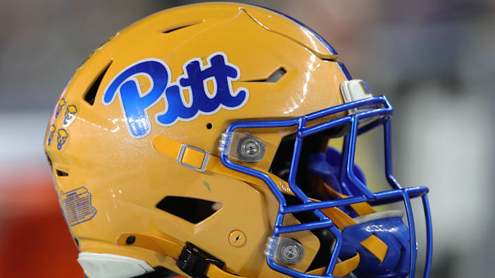 Nov 9, 2024; Pittsburgh, Pennsylvania, USA;  A Pittsburgh Panthers helmet on the sidelines against the Virginia Cavaliers during the first quarter at Acrisure Stadium. Mandatory Credit: Charles LeClaire-Imagn Images