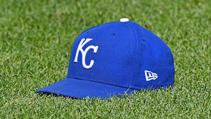 Jul 7, 2018; Kansas City, MO, USA; A genera view of a Kansas City Royals cap on the field, prior to a game against the Boston Red Sox at Kauffman Stadium. Mandatory Credit: Peter G. Aiken/Imagn Images