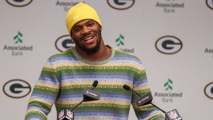 Green Bay Packers edge rusher Micah Parsons speaks during an introductory press conference.