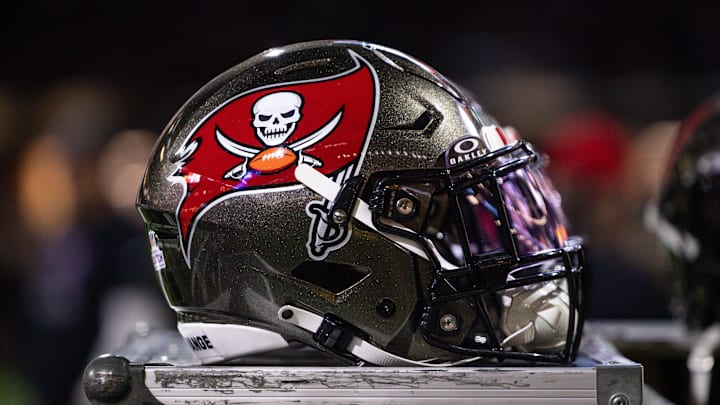 Detailed view of the Tampa Bay Buccaneers helmet against the New Orleans Saints