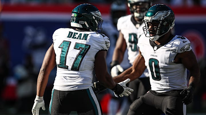 Oct 20, 2024; East Rutherford, New Jersey, USA; Philadelphia Eagles linebacker Nakobe Dean (17) and defensive end Bryce Huff (0) celebrate after a defensive stop during the second half against the New York Giants at MetLife Stadium. Mandatory Credit: Vincent Carchietta-Imagn Images Oct 20, 2024; East Rutherford, New Jersey, USA; Philadelphia Eagles linebacker Nakobe Dean (17) and defensive end Bryce Huff (0) celebrate after a defensive stop during the second half against the New York Giants at MetLife Stadium. Mandatory Credit: Vincent Carchietta-Imagn Images