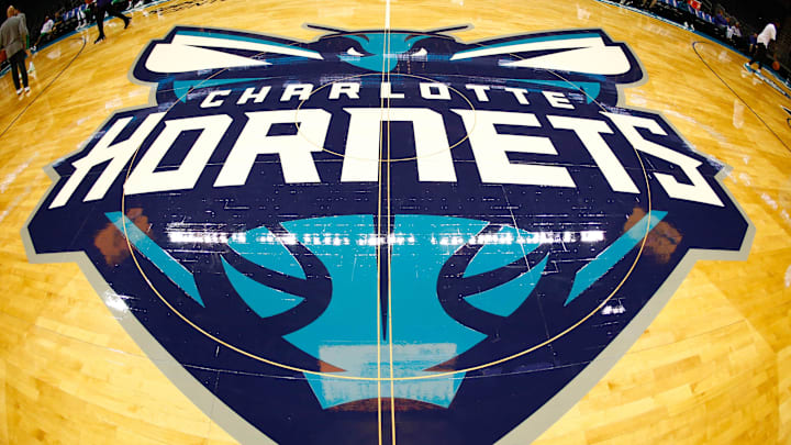Oct 11, 2017; Charlotte, NC, USA; A view of the Charlotte Hornets logo at half court prior to the game against the Boston Celtics at Spectrum Center. Mandatory Credit: Jeremy Brevard-Imagn Images